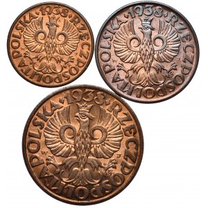 Kolekcja monet 1934-39, 1 grosz, 2 grosze i 5 groszy 1938