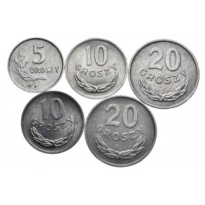 PRL, zestaw 5,10,20 groszy, razem 5 sztuk z rocznika 1965-66
