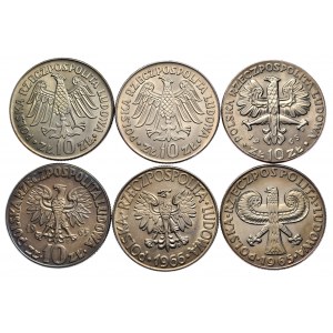 PRL, zestaw 6 sztuk 10 złotych z rocznika 1964-66