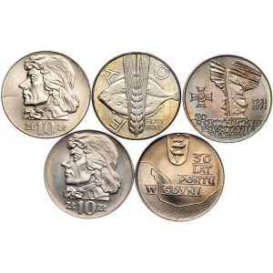 PRL, zestaw 5 sztuk 10 złotych z rocznika 1971-72