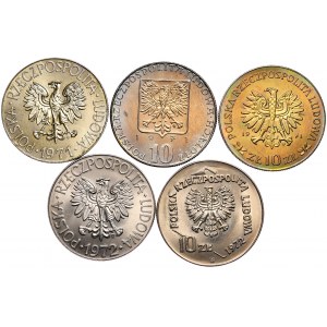 PRL, zestaw 5 sztuk 10 złotych z rocznika 1971-72