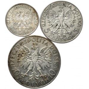 Zestaw 2, 5 i 10 złotych 1933 kobieta - razem 3 sztuki