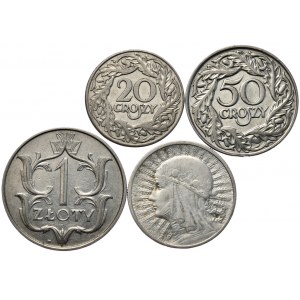Zestaw 20, 50 groszy 1923, 1 złoty 1929 i 2 złote 1933 kobieta razem 4 sztuki
