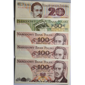 Zestaw banknotów 9 PRL: 20 zł 1982, 50 zł 1988, 3x 100 zł 1988, 2x 500 zł 1982 i 2x 1000 zł 1982