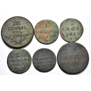 Zestaw monet 1 i 3 groszowych 1794-1823, razem 6 sztuk