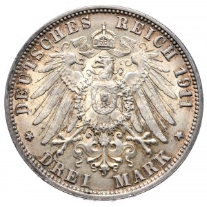 Niemcy, Wirtembergia, 3 marki 1911 F, Stuttgart, 25. rocznica ślubu
