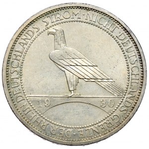 Niemcy, Republika Weimarska, 3 marki 1930 E, Muldenhütten - Odzyskanie Nadrenii. Najrzadsza mennica.