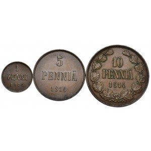 Finlandia, okupacja rosyjska, zestaw 1,5 i 10 pennia 1914 - razem 3 sztuki