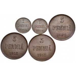 Finlandia, okupacja rosyjska, zestaw 1 i 5 pennia 1908-1916 - razem 5 sztuk
