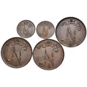 Finlandia, okupacja rosyjska, zestaw 1 i 5 pennia 1908-1916 - razem 5 sztuk