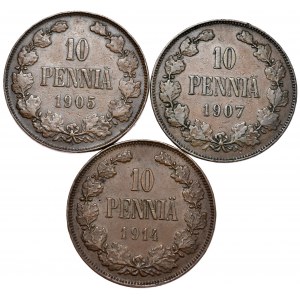 Finlandia, okupacja rosyjska, zestaw 3 x 10 pennia 1905-1914