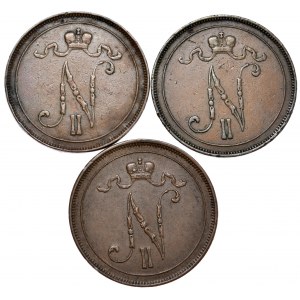 Finlandia, okupacja rosyjska, zestaw 3 x 10 pennia 1905-1914