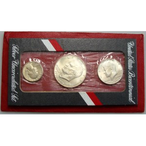 USA, okolicznościowy set srebrnych monet 25 centów, 50 centów i 1 dolar 1976