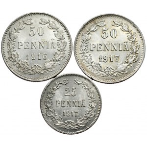 Finlandia, okupacja rosyjska, zestaw 50 pennia 1916, 1917, 25 pennia 1917 - 3 szt.