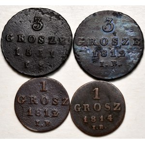 Zestaw 4 monet Księstwo Warszawskie - grosz 1812 i 1814m trojak 1811 i 1812