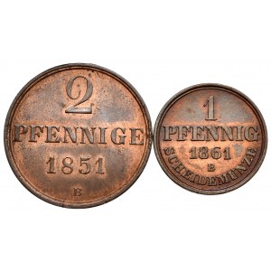 Niemcy, Brunszwik,Hannover, 2 fenigi 1851 B, 1 fenig 1861 B