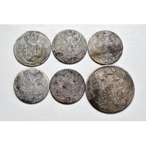Zestaw 6 monet - 30 kopiejek/2 złote 1840, 5 groszy 1811 i 4x 10 groszy 1840