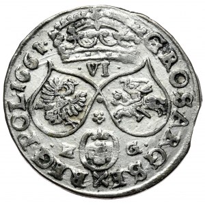Jan Kazimierz, szóstak 1661 NG, Poznań, bez obwódek, profilowane tarcze herbowe