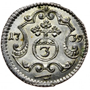 Augustus III Sas, 3 haler 1739, Dresden, EXCELLENT STATE