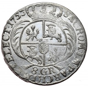 August III, Zwei-Zloty, 8 Pfennige 1753, Leipzig, ohne Initialen E-C, Schön