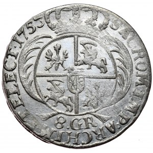 August III, dwuzłotówka, 8 groszy 1753, Lipsk, bez inicjałów E-C, Piękny