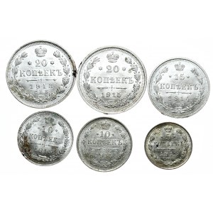Rosja, Zestaw 5, 10, 15 i 20 kopiejkówek 1913-1915, razem 6 sztuk