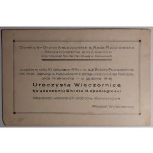 Katowice. Zaproszenie na Uroczystą Wieczornicę 10.11.1934 r.