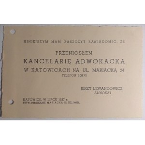 Katowice. Informacja adwokata Jerzego Lewandowicza z lipca 1937 r. o przeniesieniu kancelarii adwokackiej na ul. Mariacką 24