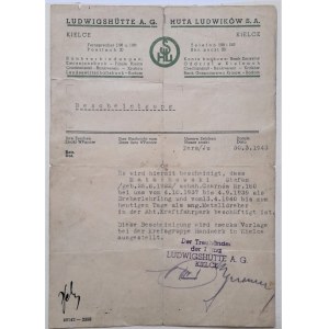 Kielce. Pismo z dn.30.3.1943 r. na papierze firmy: Huta Ludwików S.A. Kielce