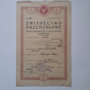 Lublin. Świadectwo Przemysłowe Przedsiębiorstwa Handlowego kategoryi IV 1927 r.