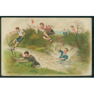 Pokonywanie rowu z wodą w biegu terenowym, sygn. G.D. Rowlandson