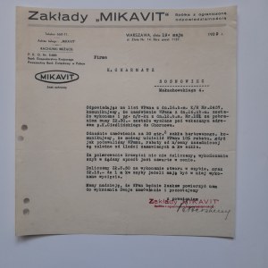Pismo z dnia 19 maja 1939 r. na papierze Zakładu Mikawit Warszawa