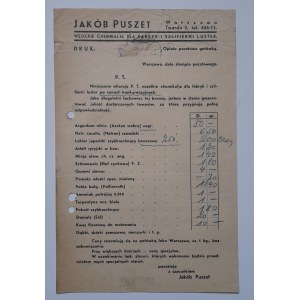 Pismo na papierze Zakładu Chemicznego Jakóba Puszeta Warszawa