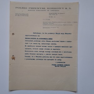 Pismo na papierze Firmy Polskiego Przemysłu Korkowego w Warszawie.