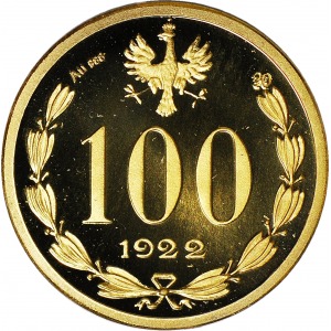Kopia/replika 100 zł 1922 Próbnej, złoto, nakład 20 szt.