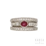 Triple ring with ruby and diamonds, contemporary