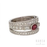 Triple ring with ruby and diamonds, contemporary