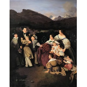 H. Stichman, Family against a mountain landscape (19th/20th century).