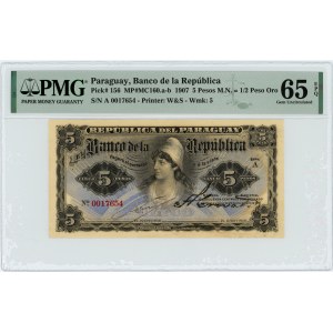 PARAGWAJ - 5 pesos 1907 - PMG 65 EPQ