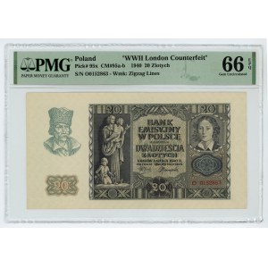 20 gold 1940 - series O - London Counterfeit - PMG 66 EPQ - 2nd max note