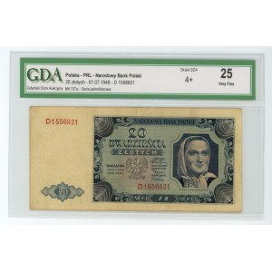 20 zloty 1948 - RARE single D series - 7 digits - GDA 25
