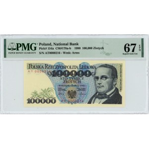 100.000 złotych 1990 - seria AT - PMG 67 EPQ - niski numer