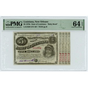 USA - $5 1870 - Baby Bond - PMG 64 EPQ - RARE ITEM WITH RED NUMBERING.