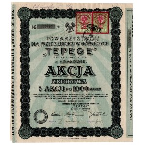Akcja Towarzystwo dla Przedsiębiorstw Górniczych TEPEGE w Krakowie 5 akcji po 1000 marek polskich, 1923
