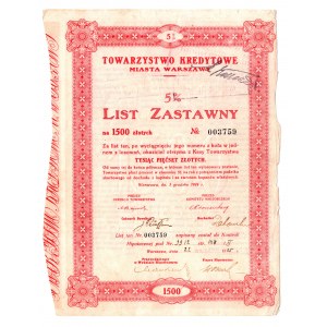 WARSAW. 5% mortgage bond for 1500 zlotys of Towarzystwo Kredytowe Miasta Warszawy