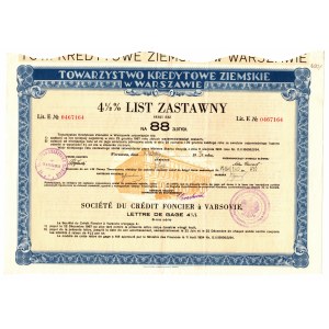 Towarzystwo Kredytowe Ziemskie w Warszawie - 4 1/2% list zastawny na 88 złotych 1936 -