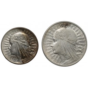 Zestaw 2 sztuk 5 złotych 1934 oraz 10 złotych 1932 - Głowa Kobiety