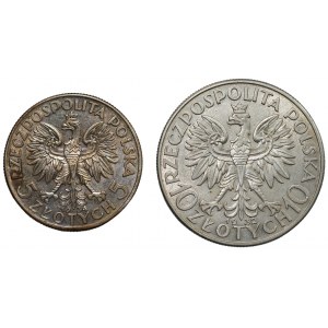 Zestaw 2 sztuk 5 złotych 1934 oraz 10 złotych 1932 - Głowa Kobiety