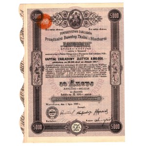 Towarzystwo Zakładów Przędzalni Bawełny Tkalni i Blecharni ZAWIERCIE - II -emisja - 50 x 100 złotych 1929
