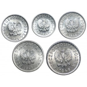 Zestaw 5 sztuk monet od 1 grosz do 1 złoty 1949
